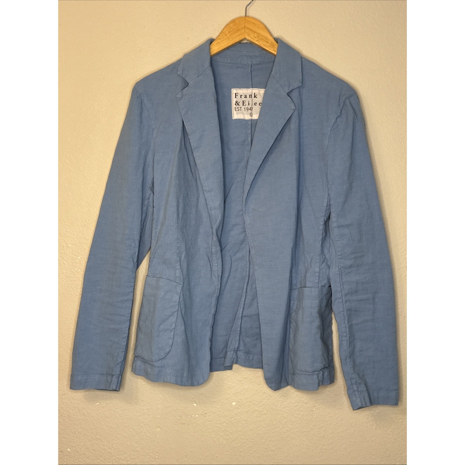 Frank & Eileen Sz L Dublin Blue Cotton Linen Stretch Open Blazer Jacket